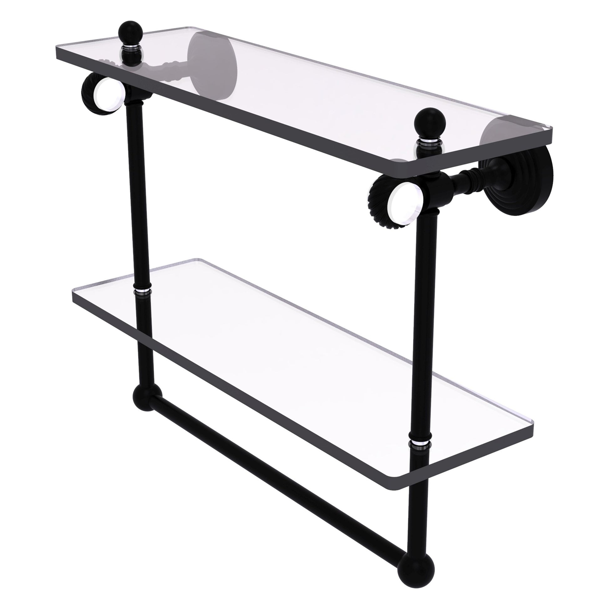Allied Brass Pacific Grove 16" x 5.125" Matte Black Solid Brass Double Glass Shelf With Towel Bar and Twisted Accents