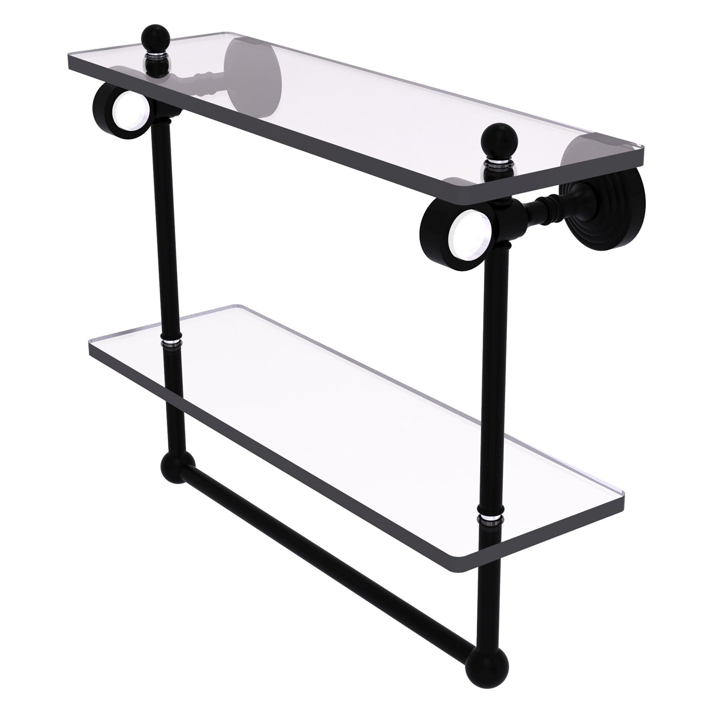 Allied Brass Pacific Grove 16" x 5.125" Matte Black Solid Brass Double Glass Shelf With Towel Bar