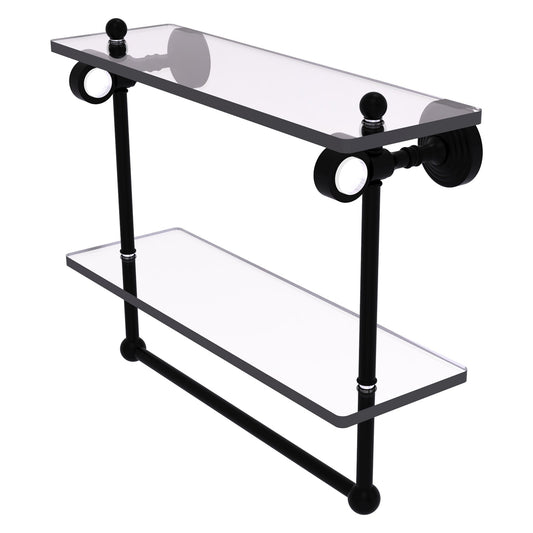 Allied Brass Pacific Grove 16" x 5.125" Matte Black Solid Brass Double Glass Shelf With Towel Bar