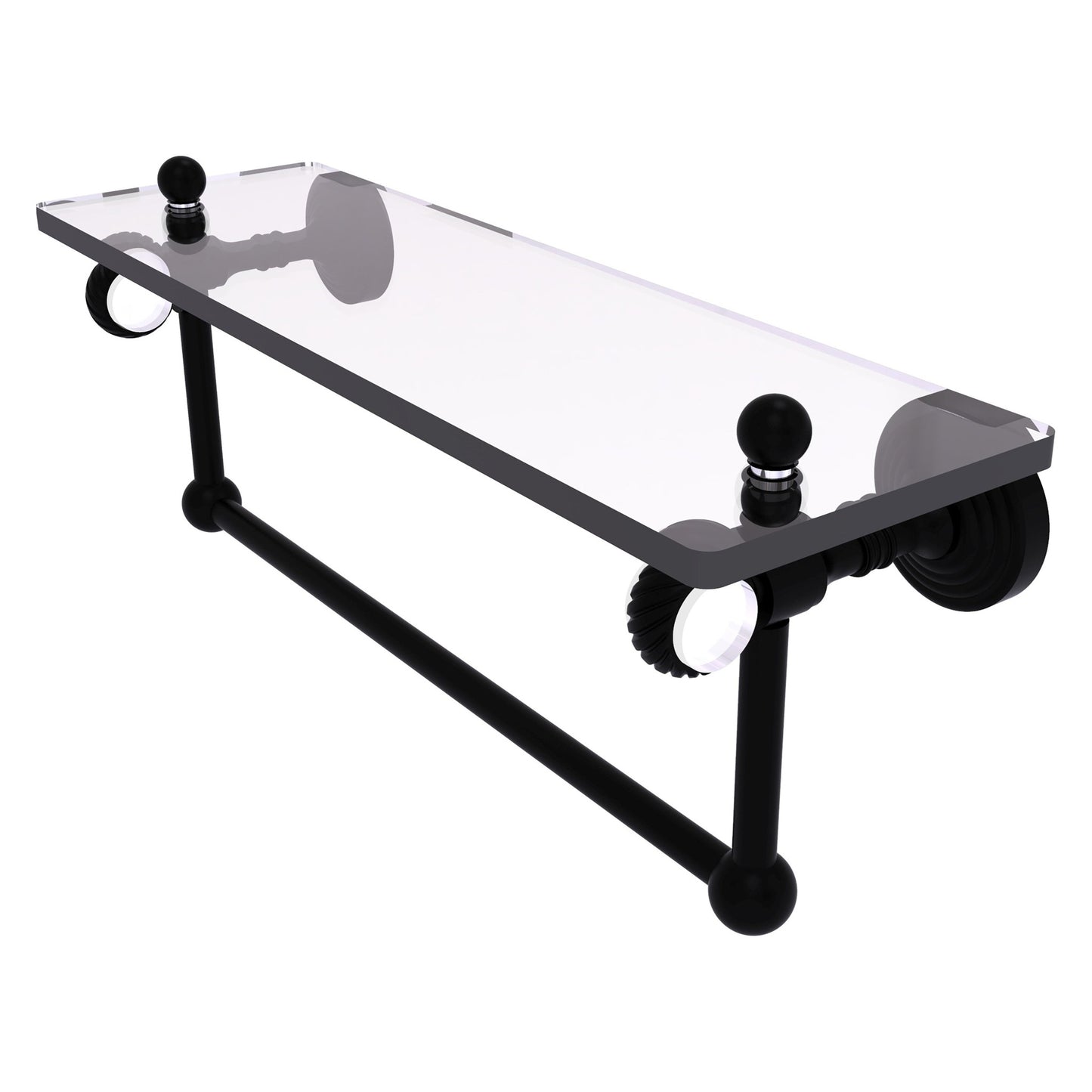 Allied Brass Pacific Grove 16" x 5.125" Matte Black Solid Brass Glass Shelf With Towel Bar and Twisted Accents