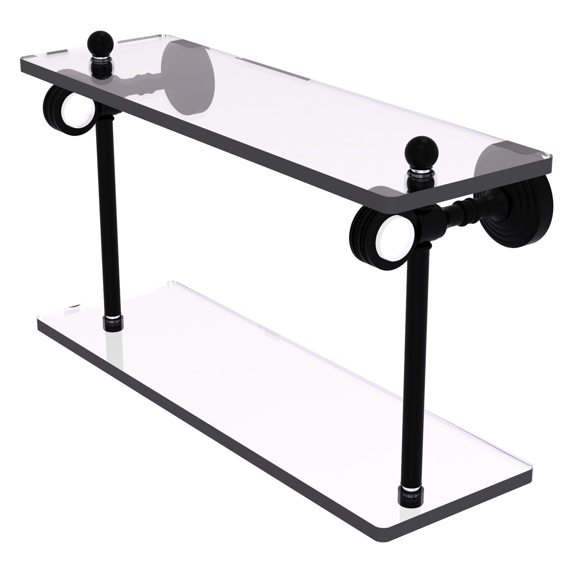 Allied Brass Pacific Grove 16" x 5.125" Matte Black Solid Brass Two-Tiered Glass Shelf With Dotted Accents