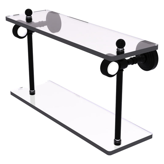 Allied Brass Pacific Grove 16" x 5.125" Matte Black Solid Brass Two-Tiered Glass Shelf With Grooved Accents