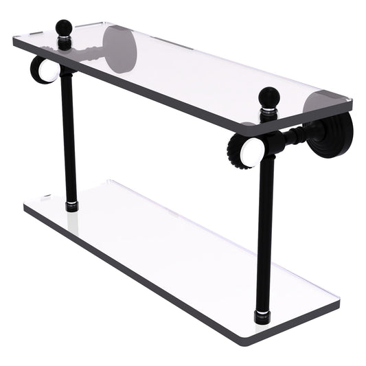 Allied Brass Pacific Grove 16" x 5.125" Matte Black Solid Brass Two-Tiered Glass Shelf With Twisted Accents