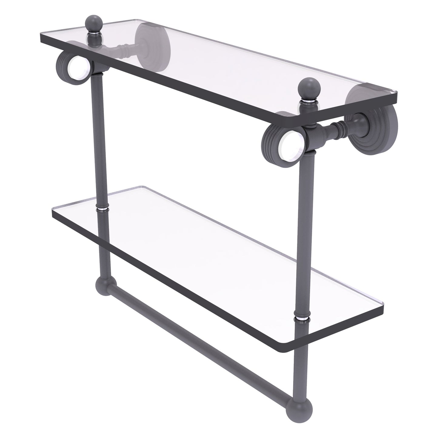 Allied Brass Pacific Grove 16" x 5.125" Matte Gray Solid Brass Double Glass Shelf With Towel Bar and Grooved Accents