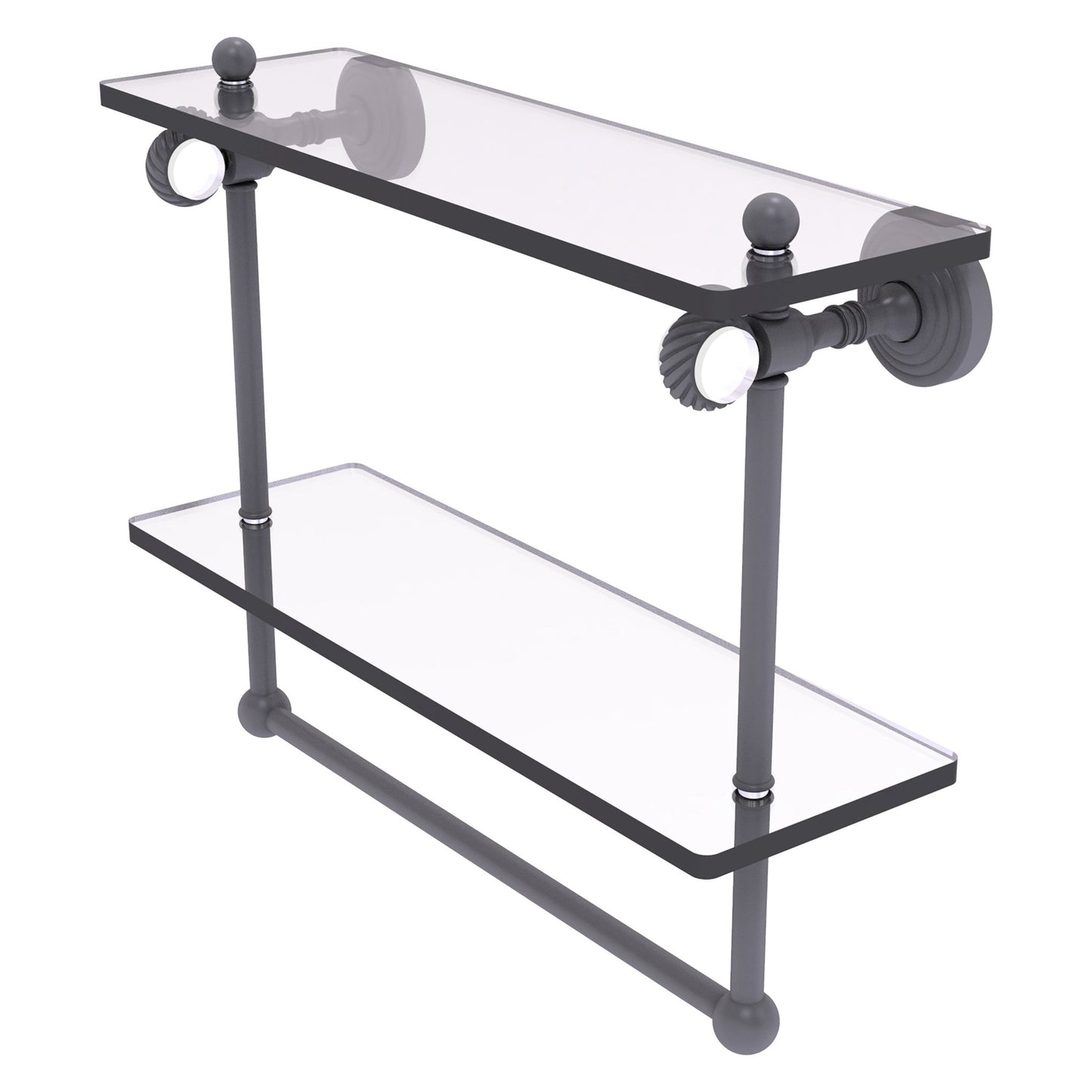 Allied Brass Pacific Grove 16" x 5.125" Matte Gray Solid Brass Double Glass Shelf With Towel Bar and Twisted Accents