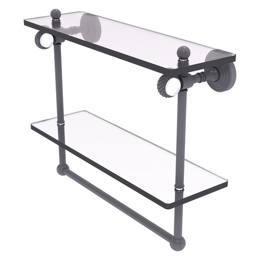 Allied Brass Pacific Grove 16" x 5.125" Matte Gray Solid Brass Double Glass Shelf With Towel Bar and Twisted Accents