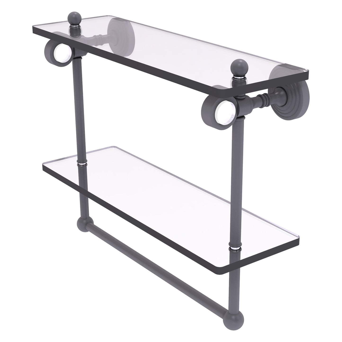 Allied Brass Pacific Grove 16" x 5.125" Matte Gray Solid Brass Double Glass Shelf With Towel Bar