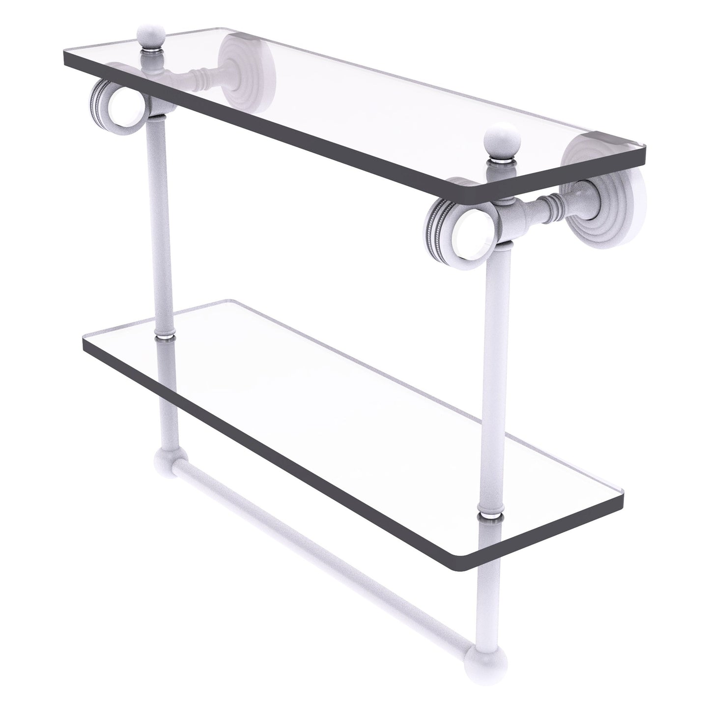 Allied Brass Pacific Grove 16" x 5.125" Matte White Solid Brass Double Glass Shelf With Towel Bar and Dotted Accents