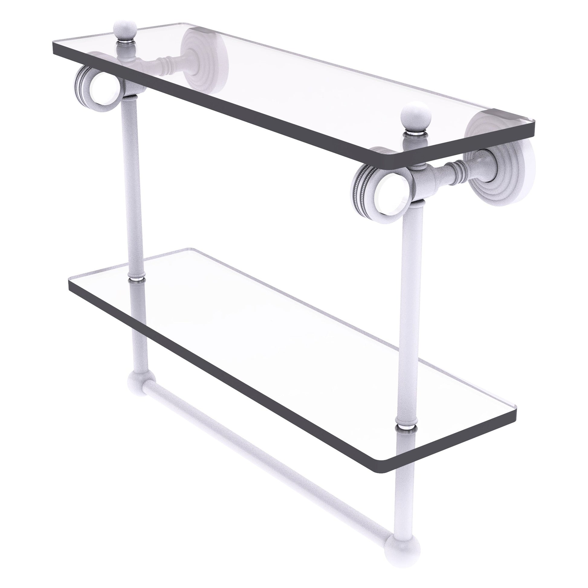 Allied Brass Pacific Grove 16" x 5.125" Matte White Solid Brass Double Glass Shelf With Towel Bar and Dotted Accents