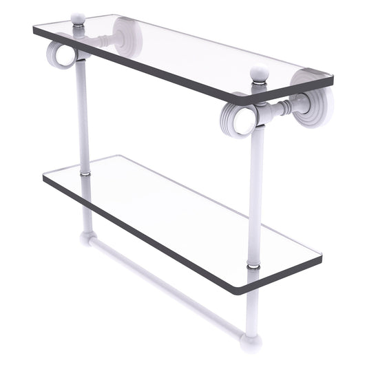 Allied Brass Pacific Grove 16" x 5.125" Matte White Solid Brass Double Glass Shelf With Towel Bar and Grooved Accents