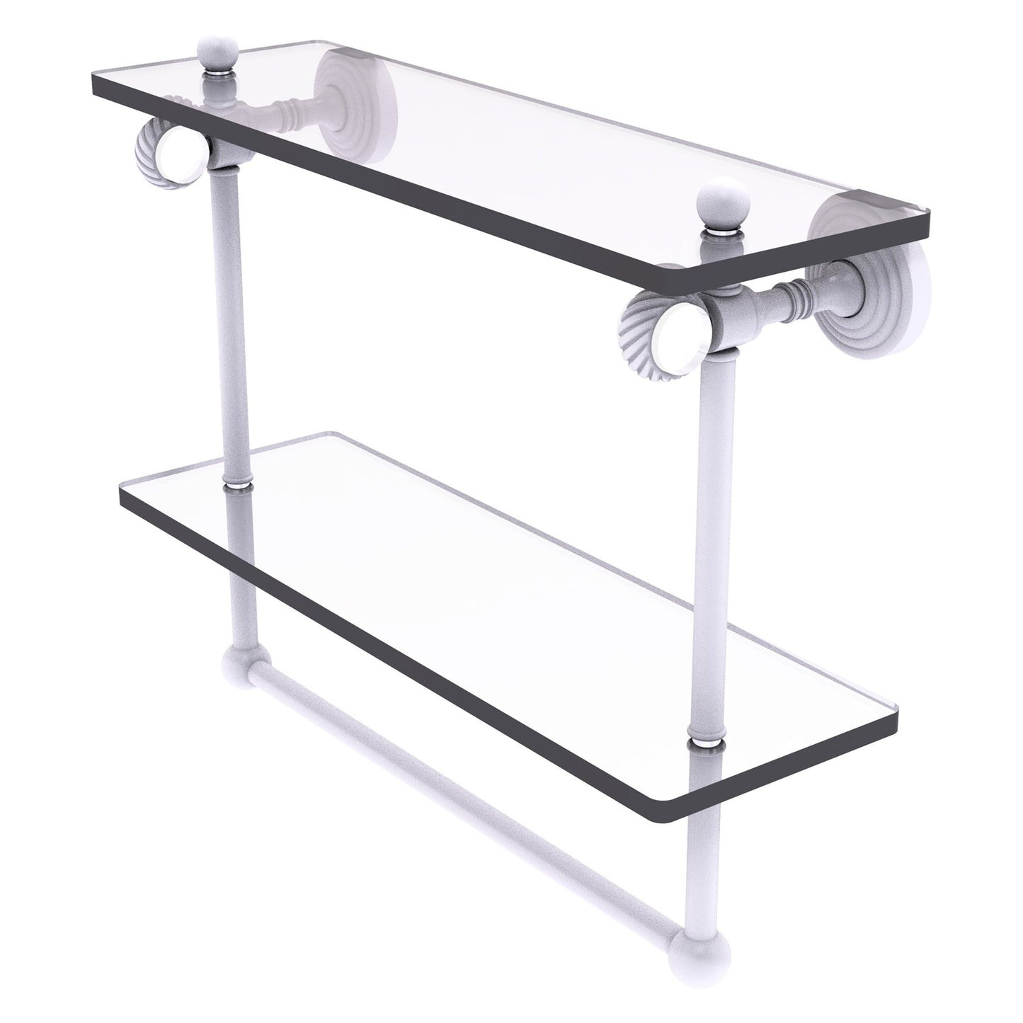 Allied Brass Pacific Grove 16" x 5.125" Matte White Solid Brass Double Glass Shelf With Towel Bar and Twisted Accents