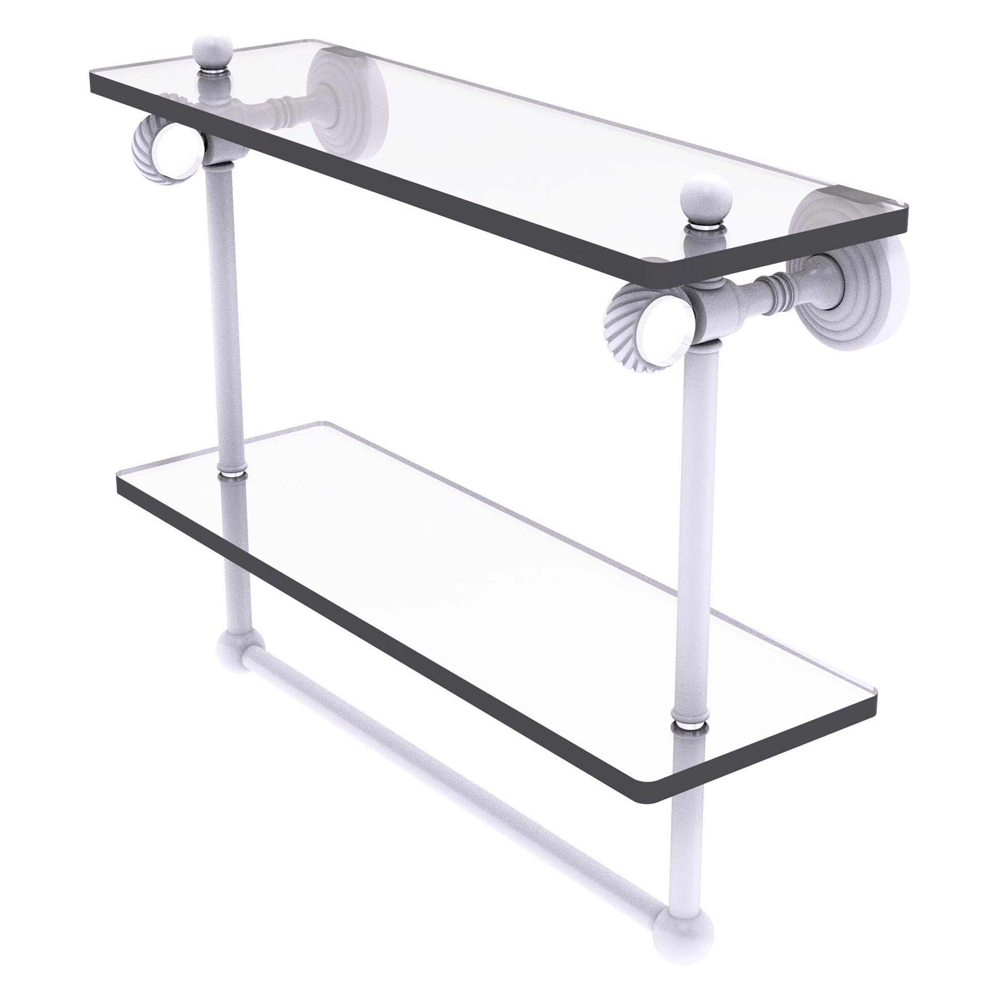 Allied Brass Pacific Grove 16" x 5.125" Matte White Solid Brass Double Glass Shelf With Towel Bar and Twisted Accents