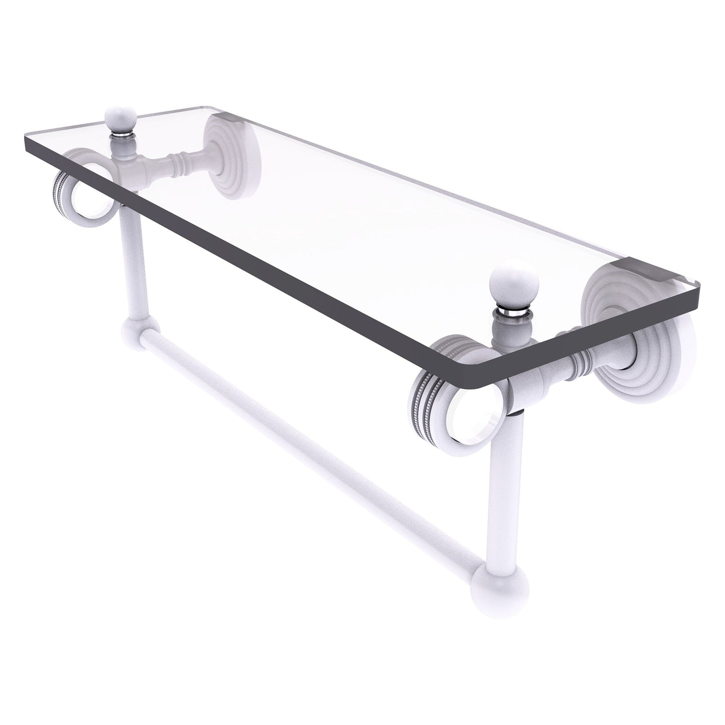 Allied Brass Pacific Grove 16" x 5.125" Matte White Solid Brass Glass Shelf With Towel Bar and Dotted Accents