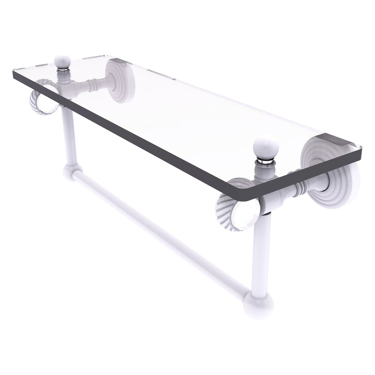 Allied Brass Pacific Grove 16" x 5.125" Matte White Solid Brass Glass Shelf With Towel Bar and Twisted Accents