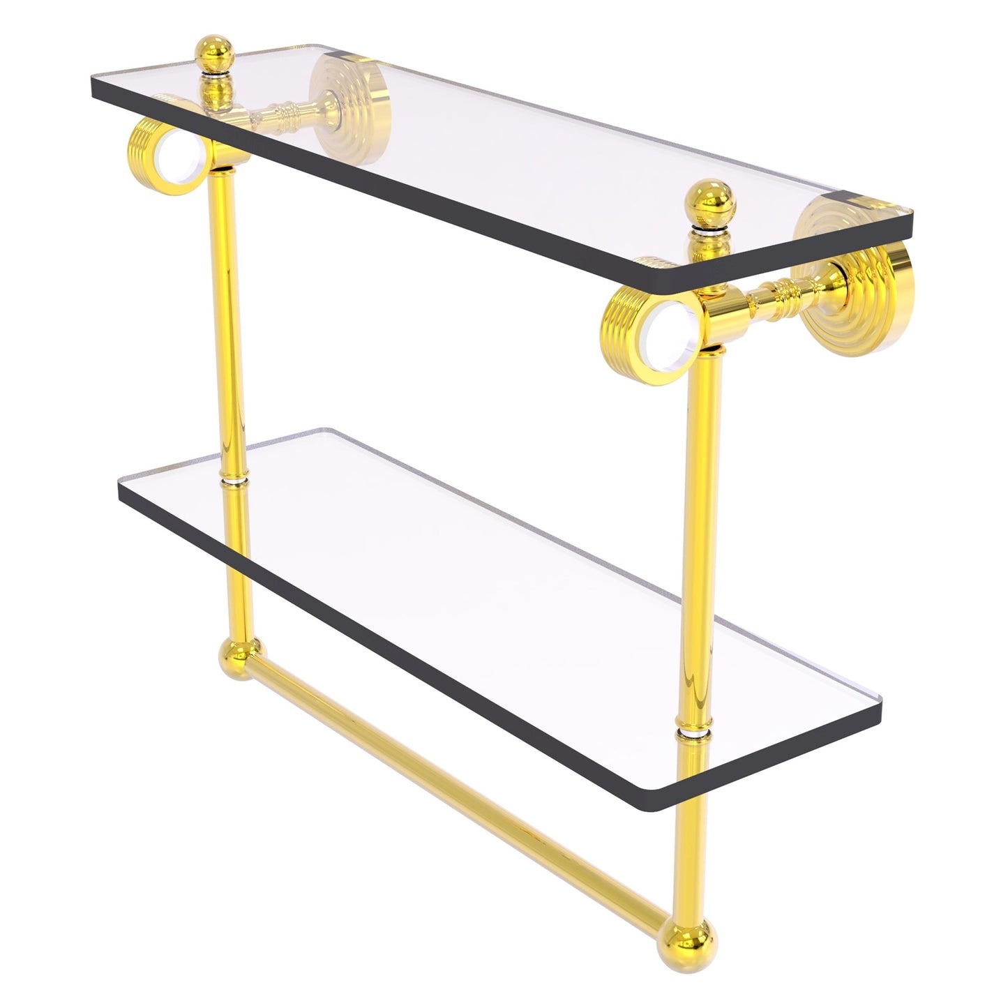 Allied Brass Pacific Grove 16" x 5.125" Polished Brass Solid Brass Double Glass Shelf With Towel Bar and Grooved Accents