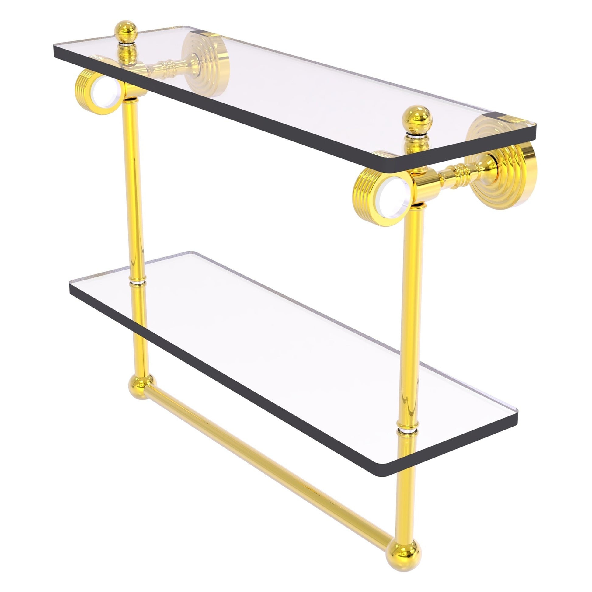 Allied Brass Pacific Grove 16" x 5.125" Polished Brass Solid Brass Double Glass Shelf With Towel Bar and Grooved Accents