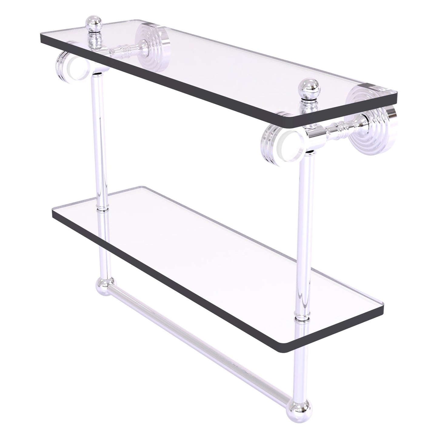 Allied Brass Pacific Grove 16" x 5.125" Polished Chrome Solid Brass Double Glass Shelf With Towel Bar and Dotted Accents