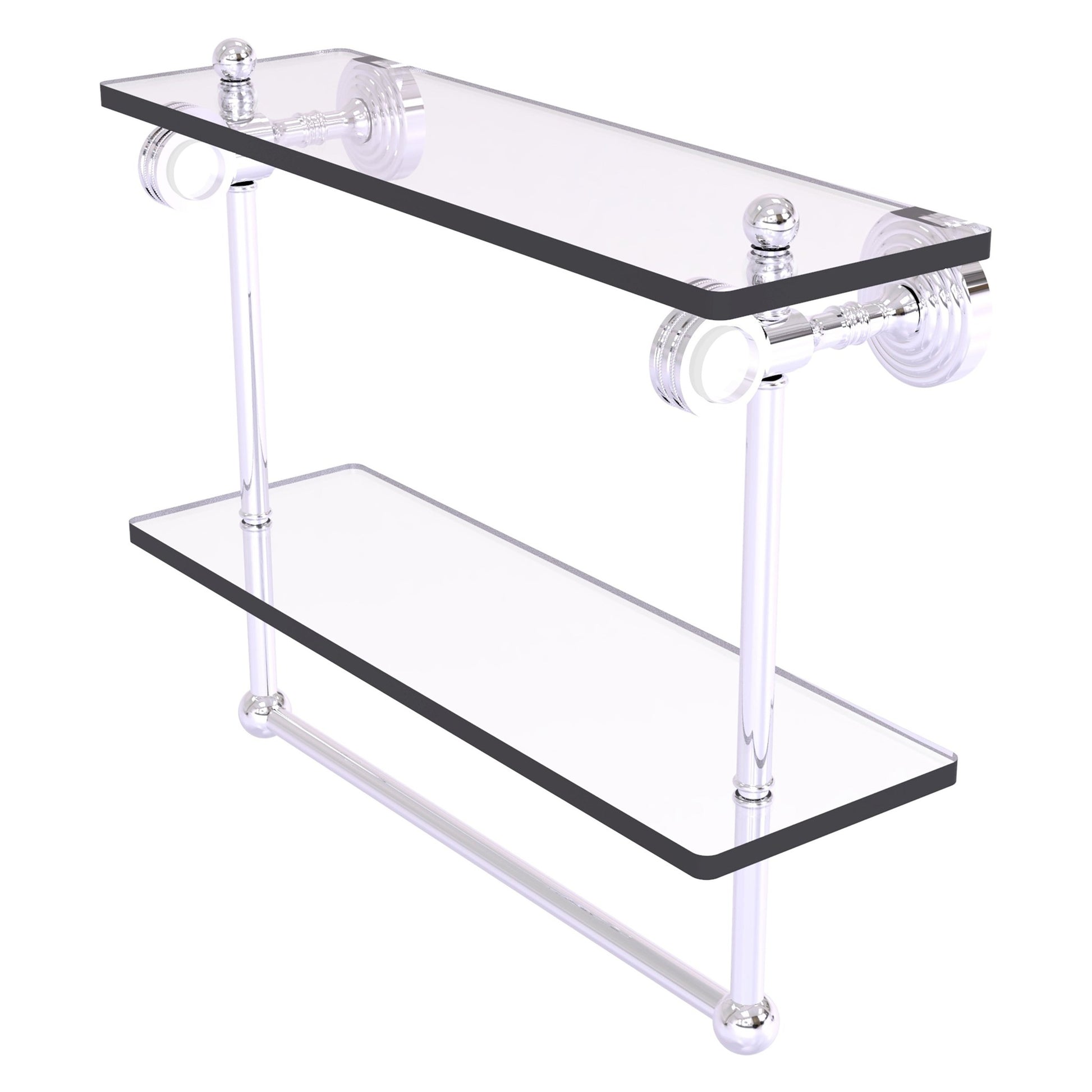 Allied Brass Pacific Grove 16" x 5.125" Polished Chrome Solid Brass Double Glass Shelf With Towel Bar and Dotted Accents