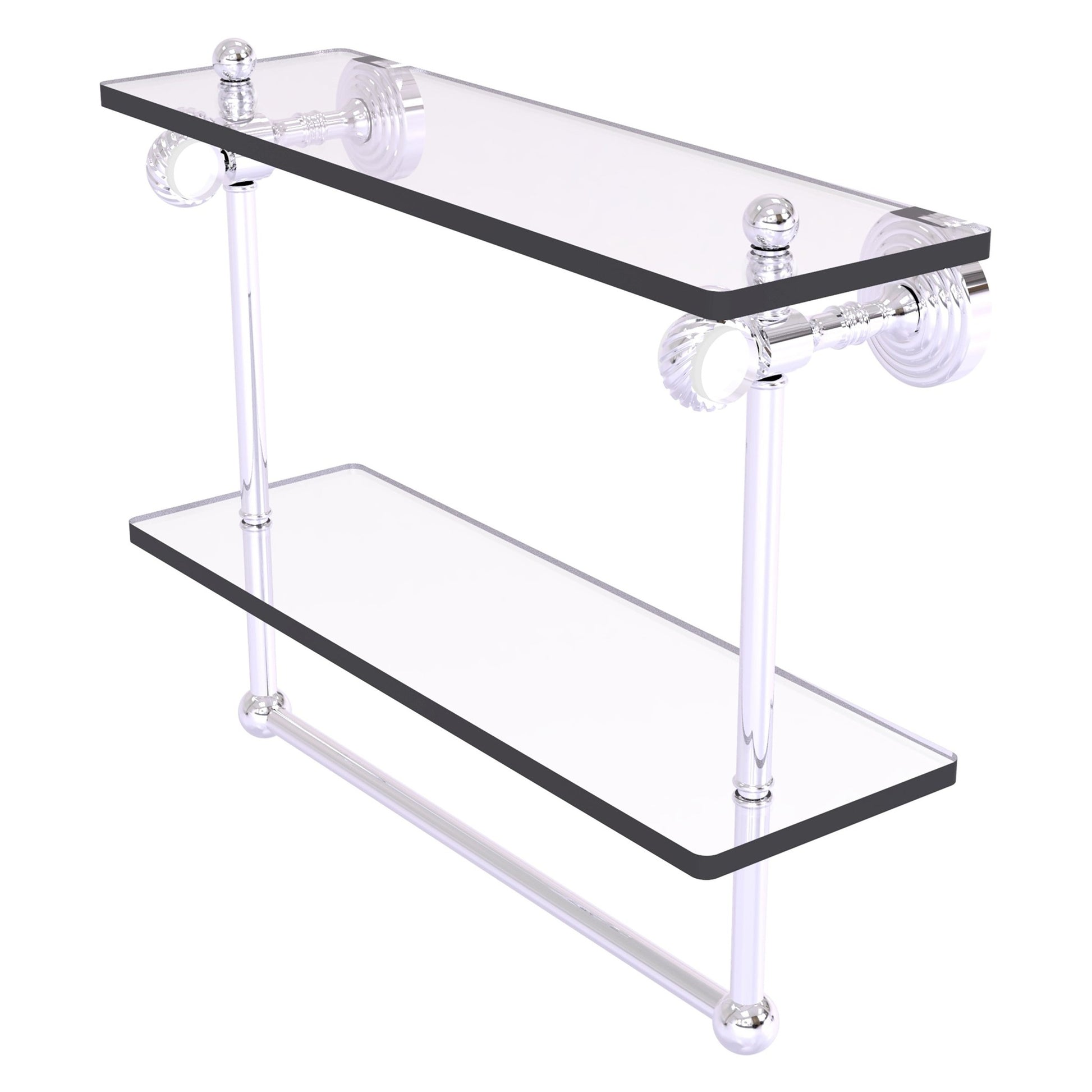 Allied Brass Pacific Grove 16" x 5.125" Polished Chrome Solid Brass Double Glass Shelf With Towel Bar and Twisted Accents