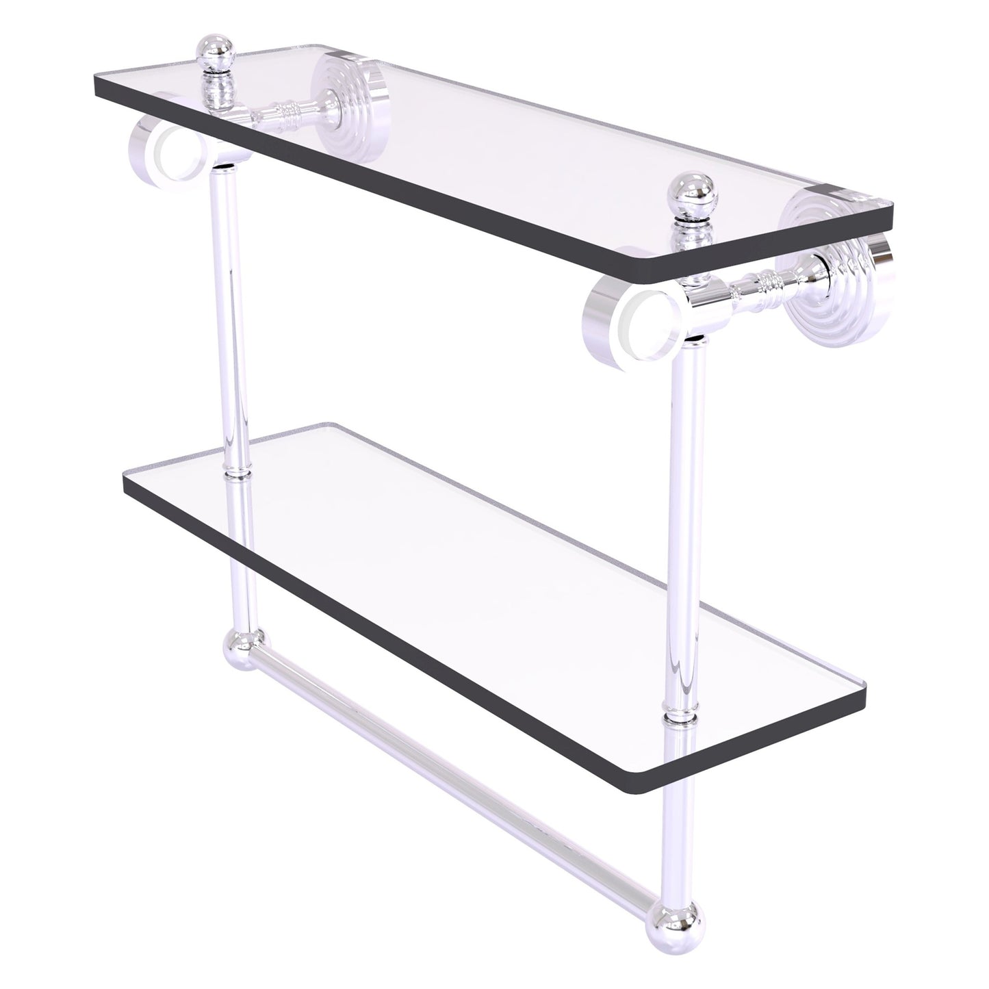 Allied Brass Pacific Grove 16" x 5.125" Polished Chrome Solid Brass Double Glass Shelf With Towel Bar