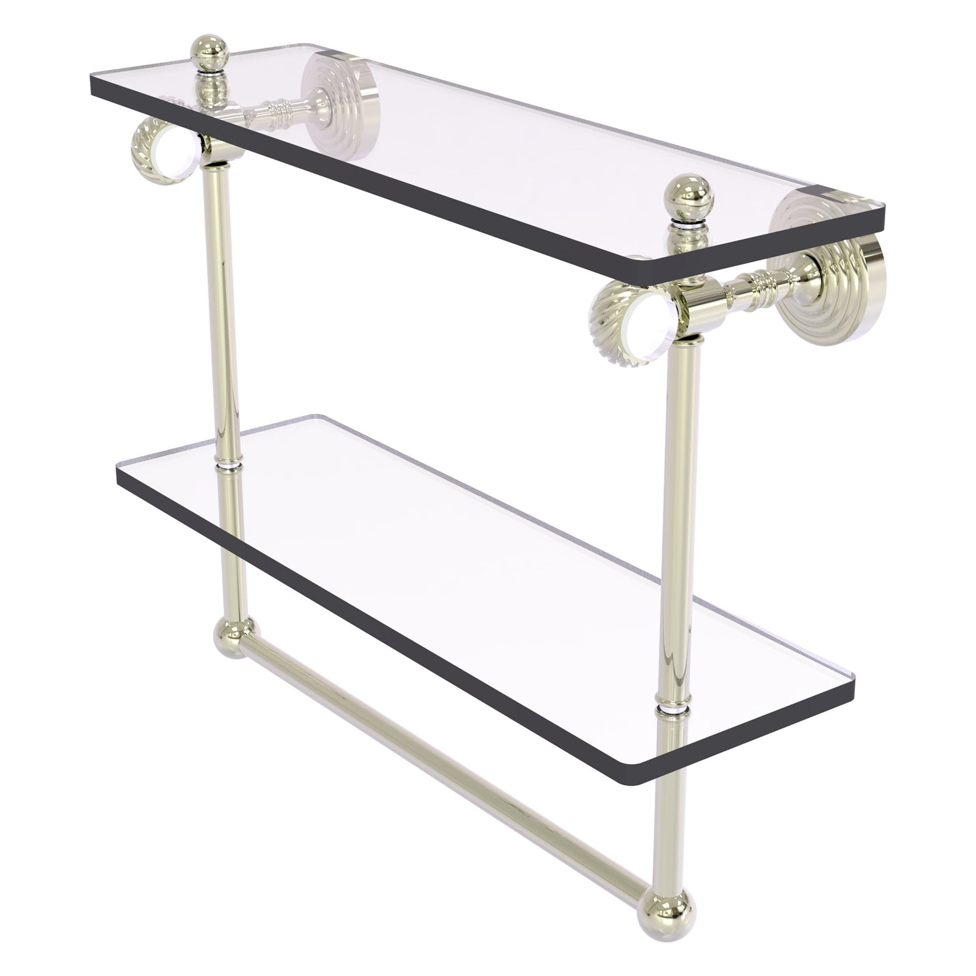 Allied Brass Pacific Grove 16" x 5.125" Polished Nickel Solid Brass Double Glass Shelf With Towel Bar and Twisted Accents