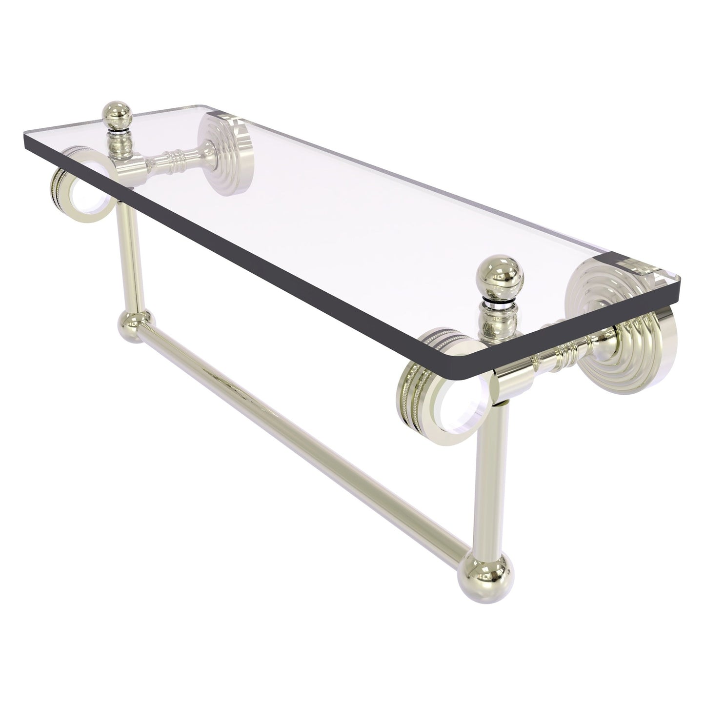 Allied Brass Pacific Grove 16" x 5.125" Polished Nickel Solid Brass Glass Shelf With Towel Bar and Dotted Accents
