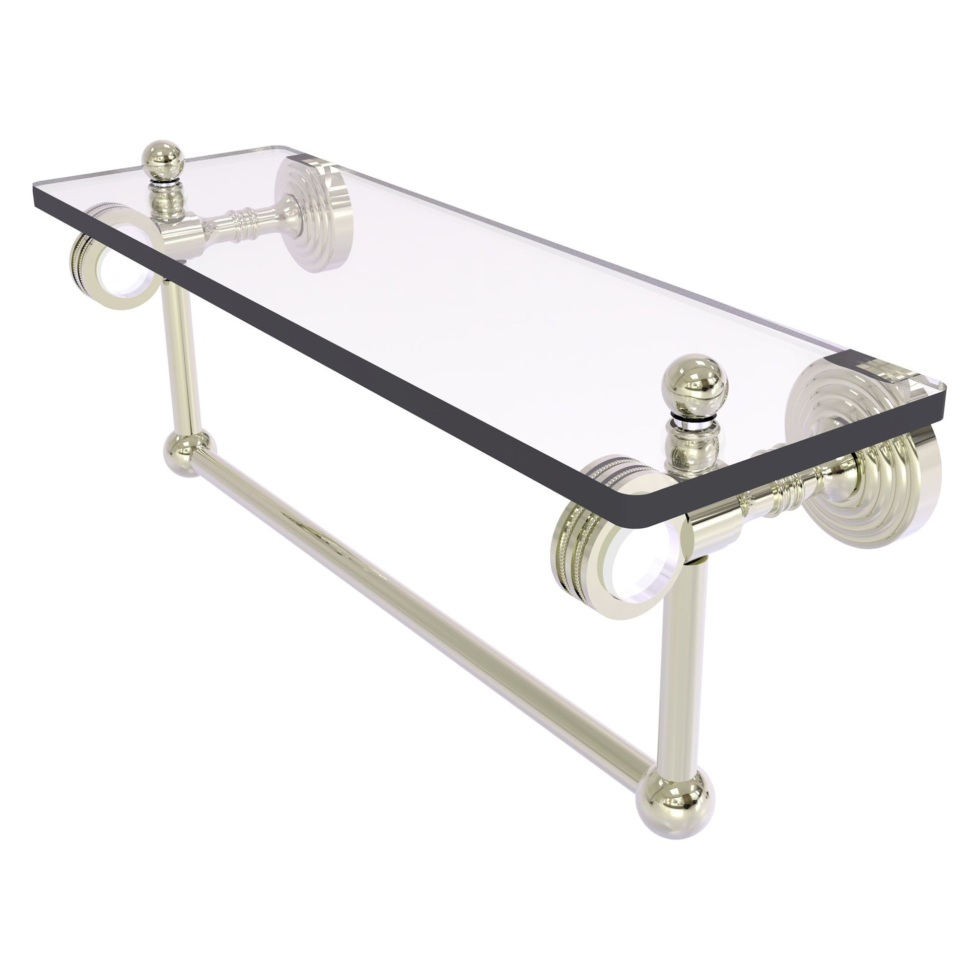 Allied Brass Pacific Grove 16" x 5.125" Polished Nickel Solid Brass Glass Shelf With Towel Bar and Dotted Accents
