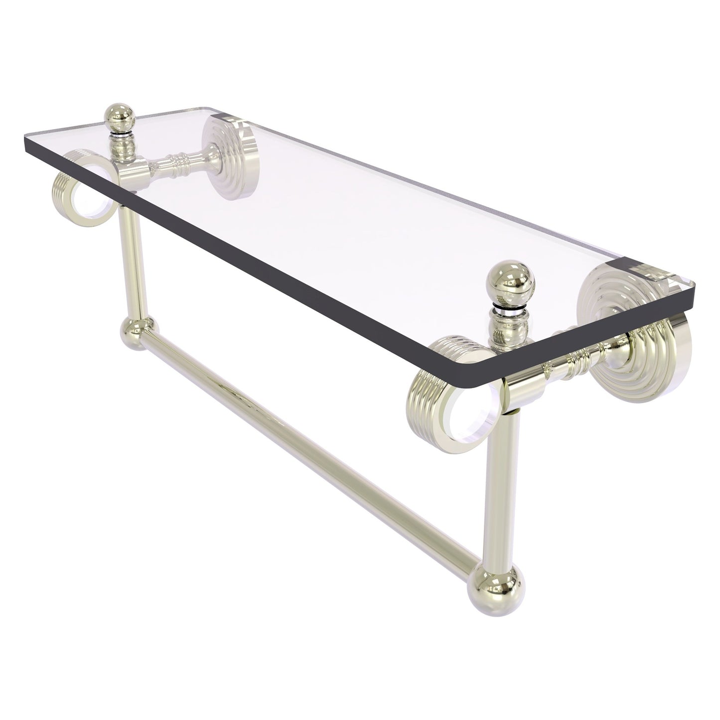 Allied Brass Pacific Grove 16" x 5.125" Polished Nickel Solid Brass Glass Shelf With Towel Bar and Grooved Accents