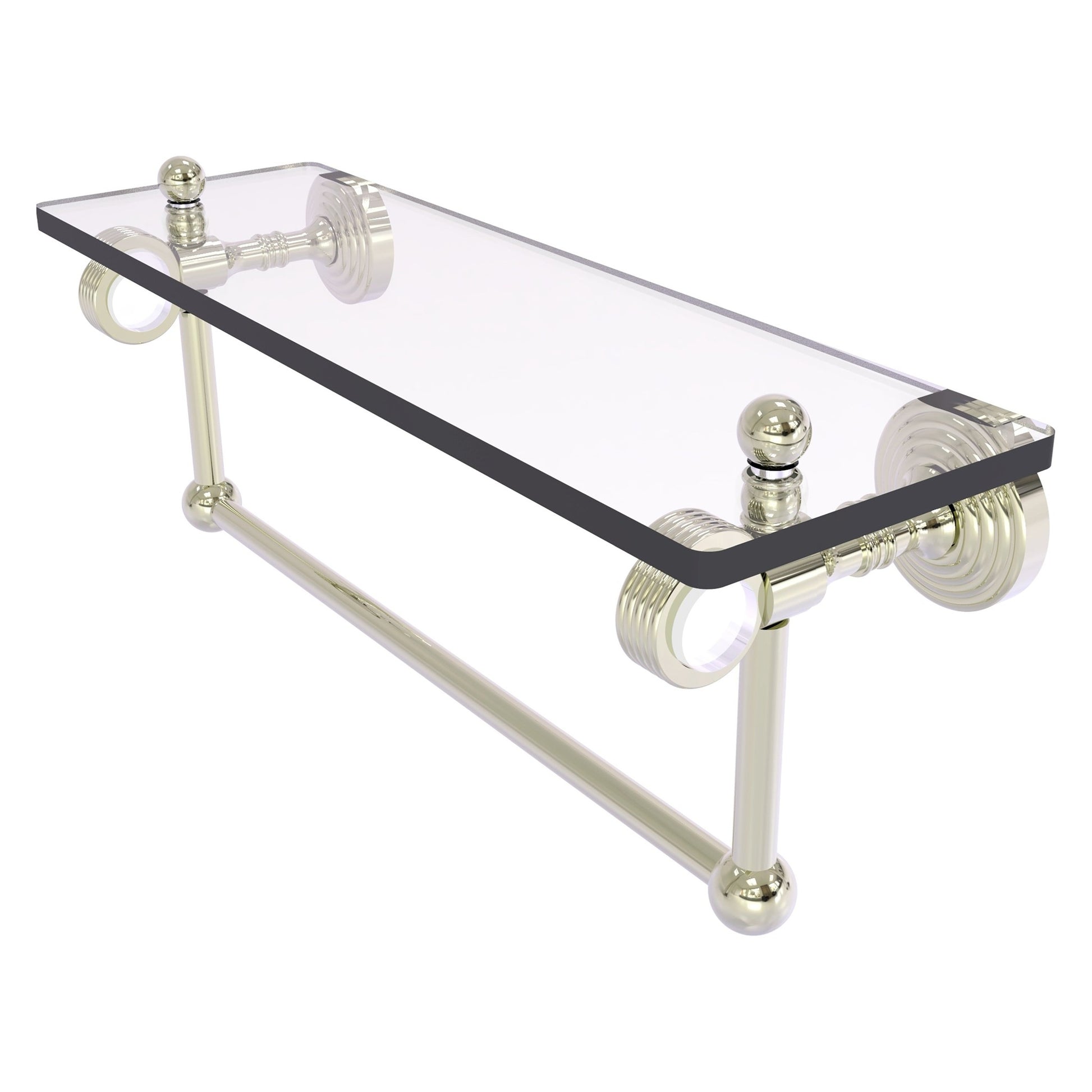 Allied Brass Pacific Grove 16" x 5.125" Polished Nickel Solid Brass Glass Shelf With Towel Bar and Grooved Accents