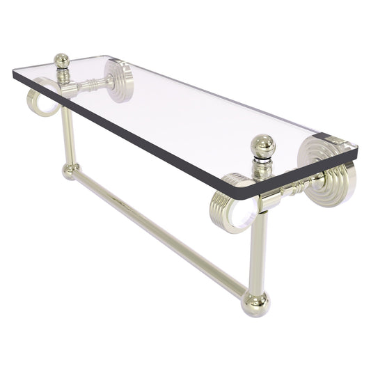 Allied Brass Pacific Grove 16" x 5.125" Polished Nickel Solid Brass Glass Shelf With Towel Bar and Grooved Accents