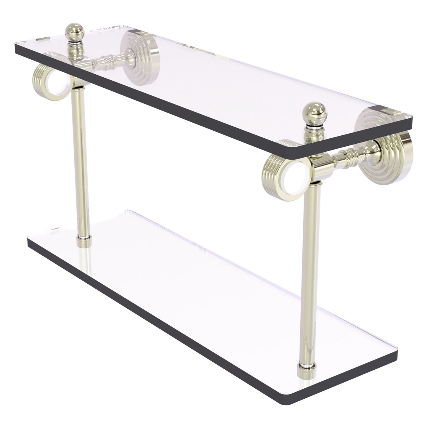 Allied Brass Pacific Grove 16" x 5.125" Polished Nickel Solid Brass Two-Tiered Glass Shelf With Grooved Accents