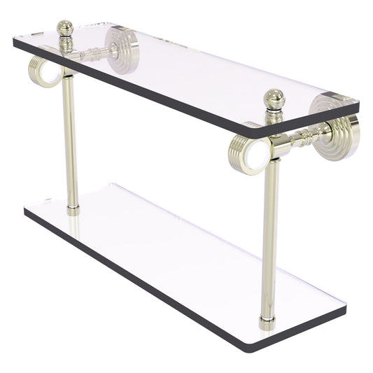 Allied Brass Pacific Grove 16" x 5.125" Polished Nickel Solid Brass Two-Tiered Glass Shelf With Grooved Accents