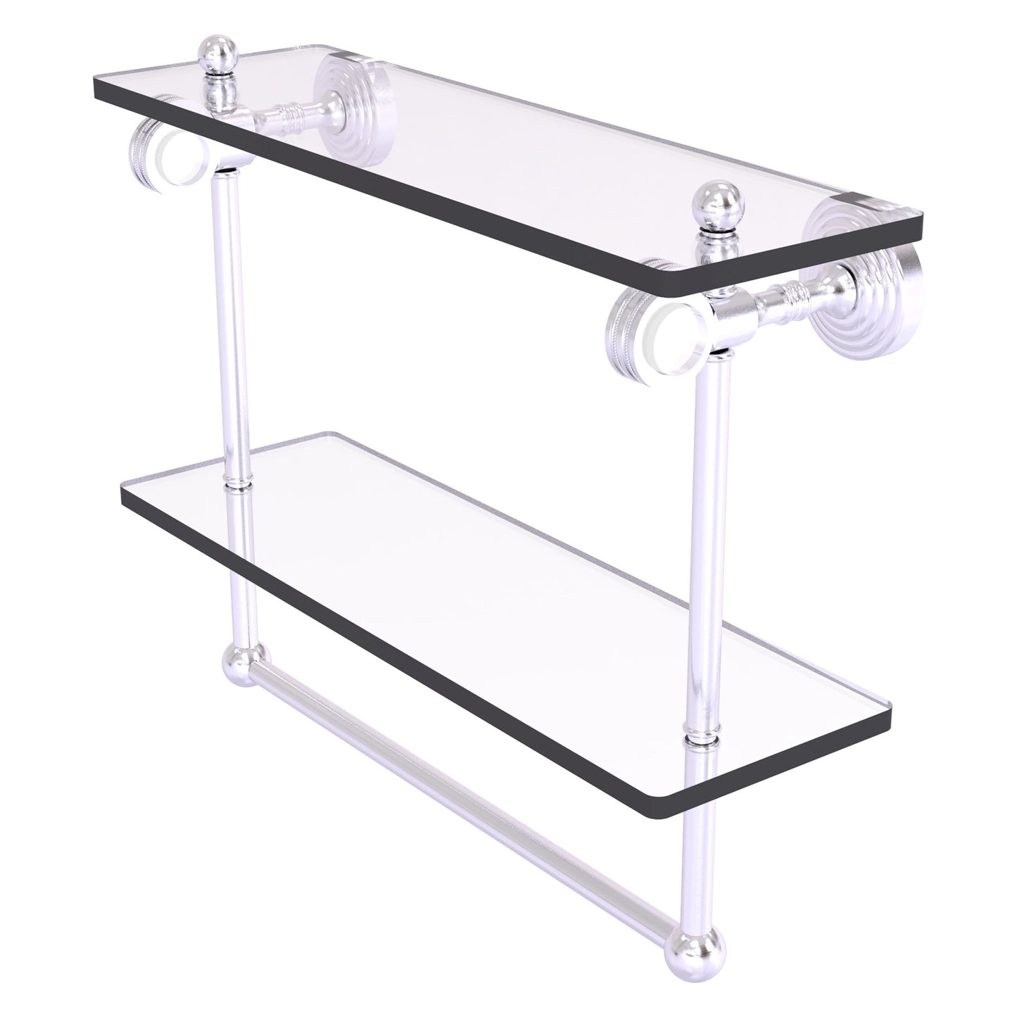 Allied Brass Pacific Grove 16" x 5.125" Satin Chrome Solid Brass Double Glass Shelf With Towel Bar and Dotted Accents