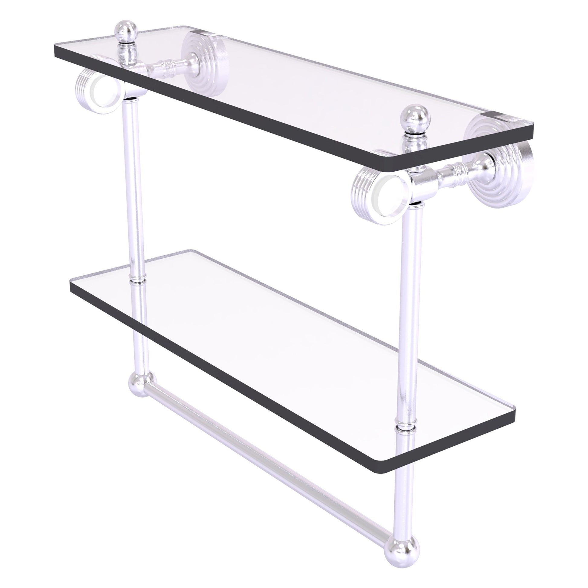 Allied Brass Pacific Grove 16" x 5.125" Satin Chrome Solid Brass Double Glass Shelf With Towel Bar and Grooved Accents