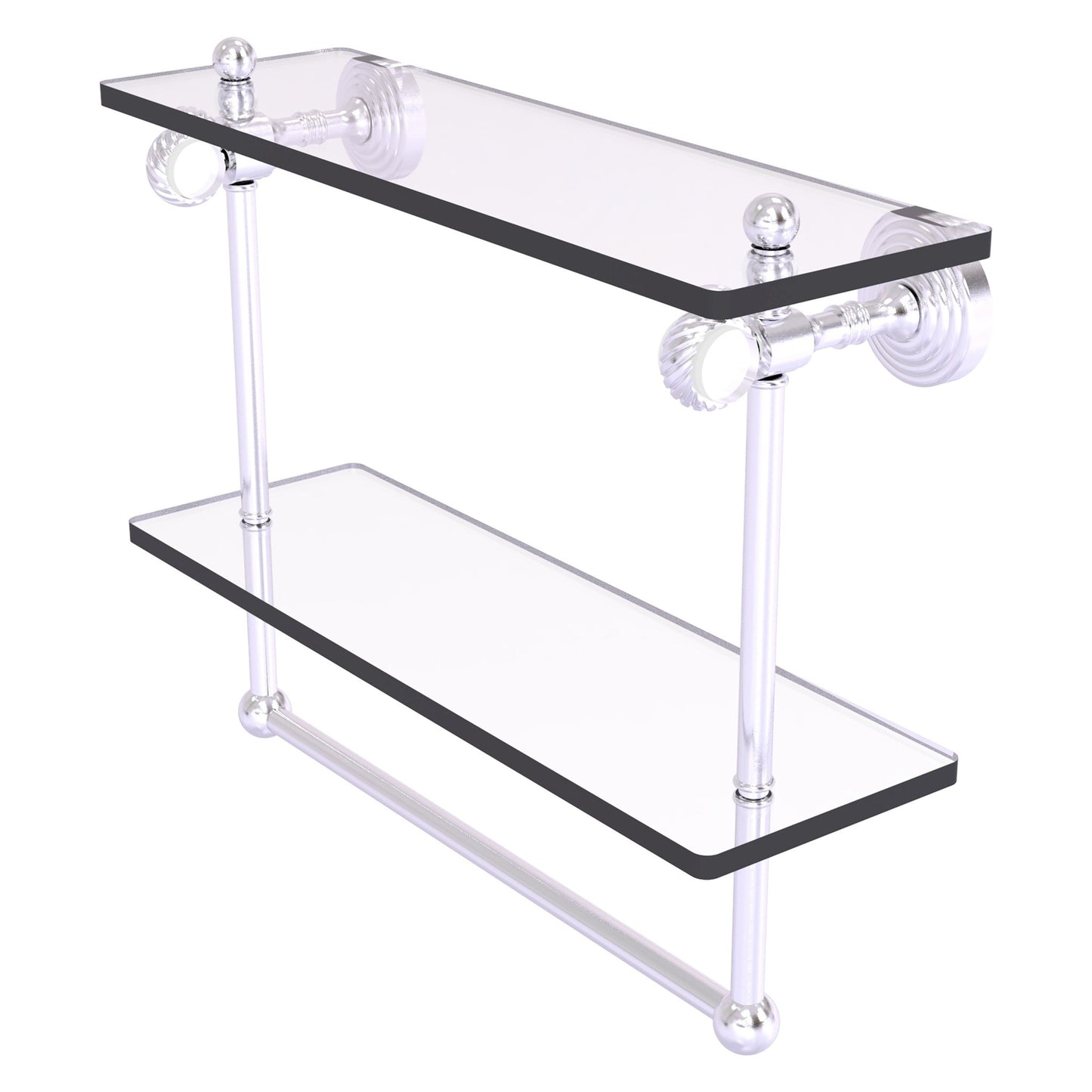 Allied Brass Pacific Grove 16" x 5.125" Satin Chrome Solid Brass Double Glass Shelf With Towel Bar and Twisted Accents