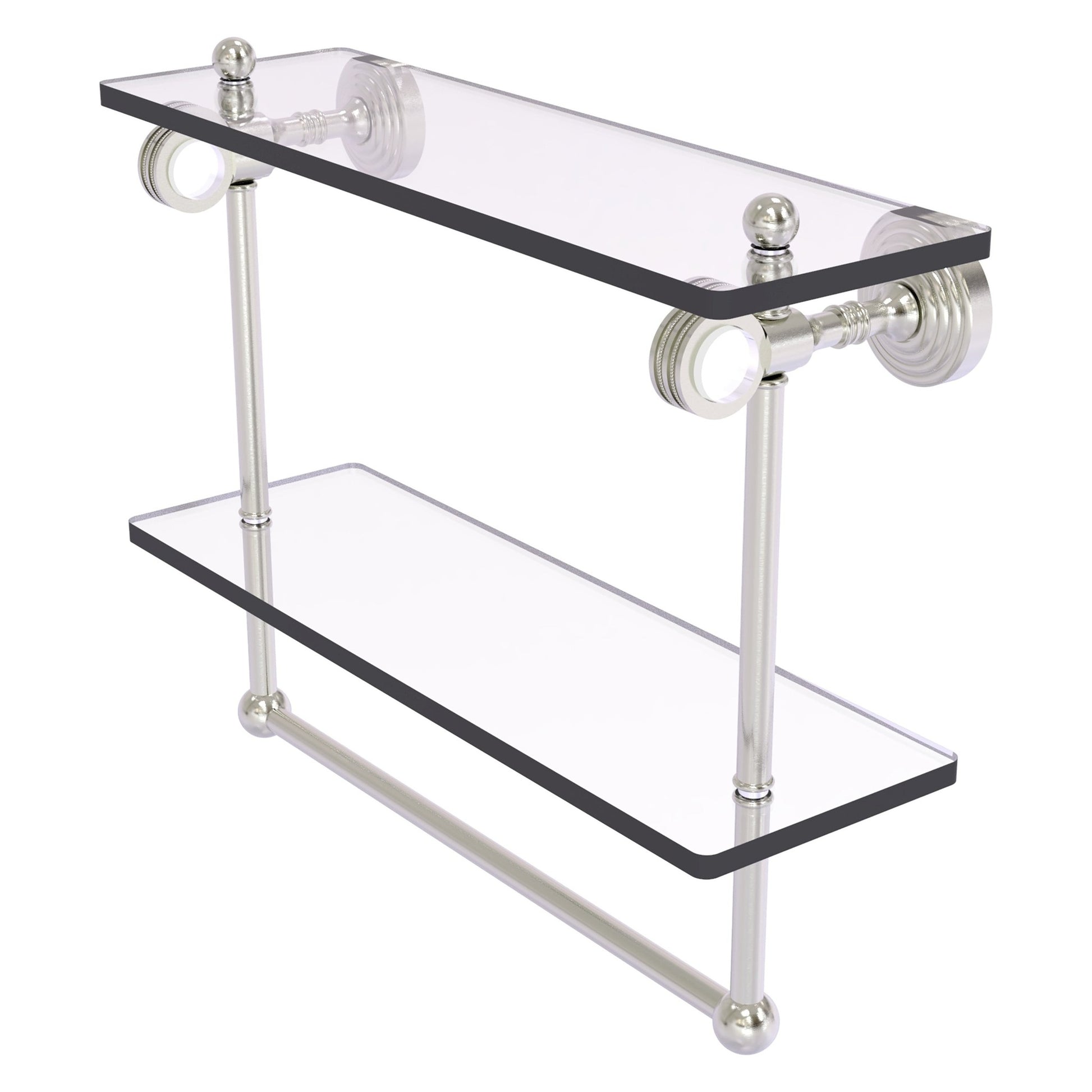 Allied Brass Pacific Grove 16" x 5.125" Satin Nickel Solid Brass Double Glass Shelf With Towel Bar and Dotted Accents