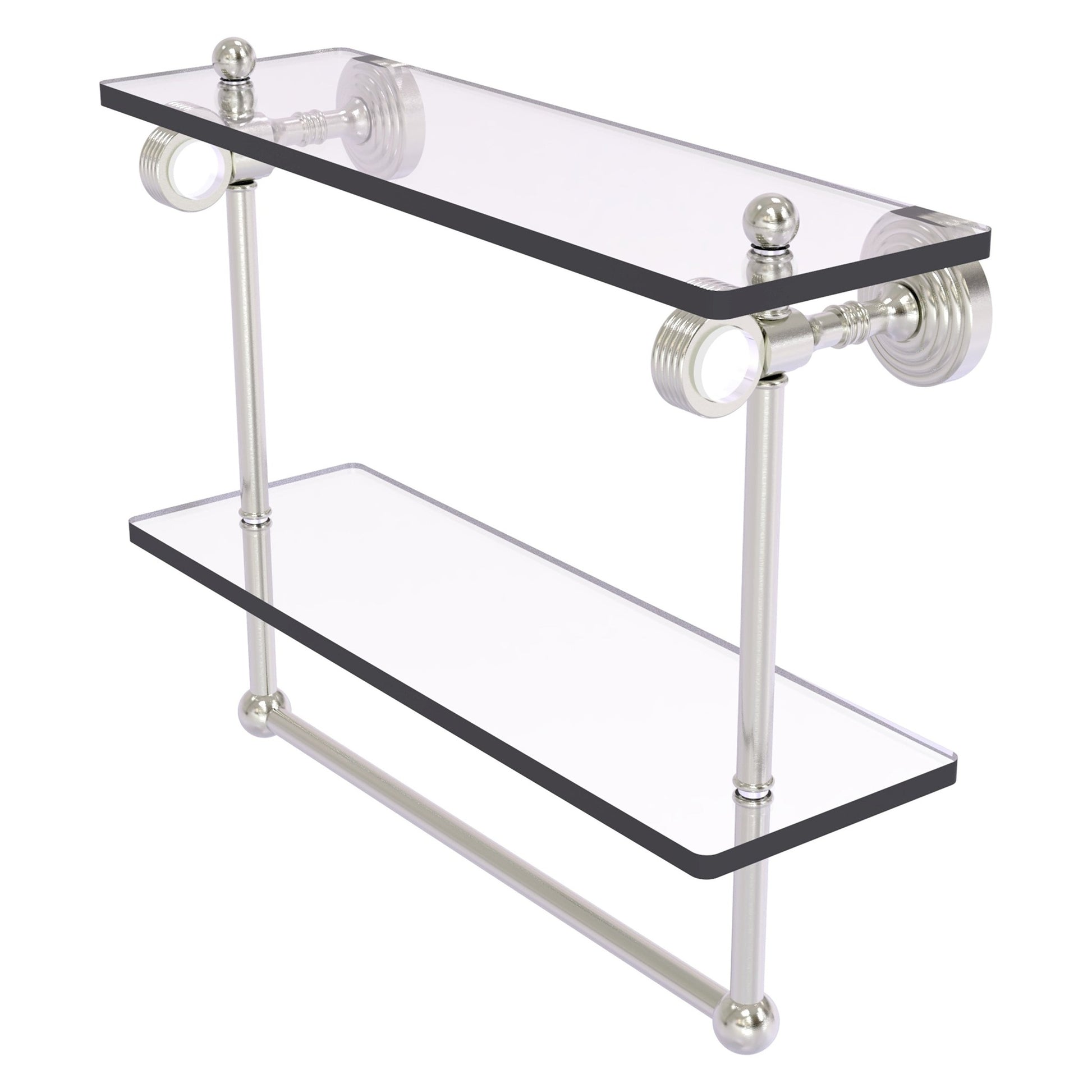 Allied Brass Pacific Grove 16" x 5.125" Satin Nickel Solid Brass Double Glass Shelf With Towel Bar and Grooved Accents