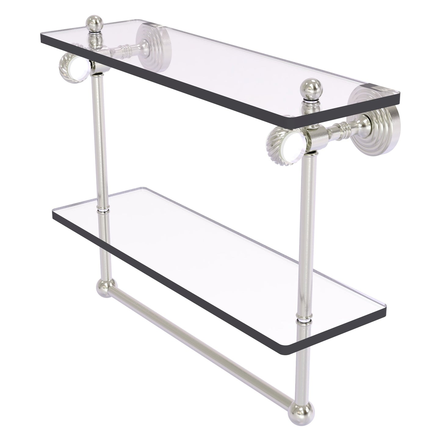 Allied Brass Pacific Grove 16" x 5.125" Satin Nickel Solid Brass Double Glass Shelf With Towel Bar and Twisted Accents