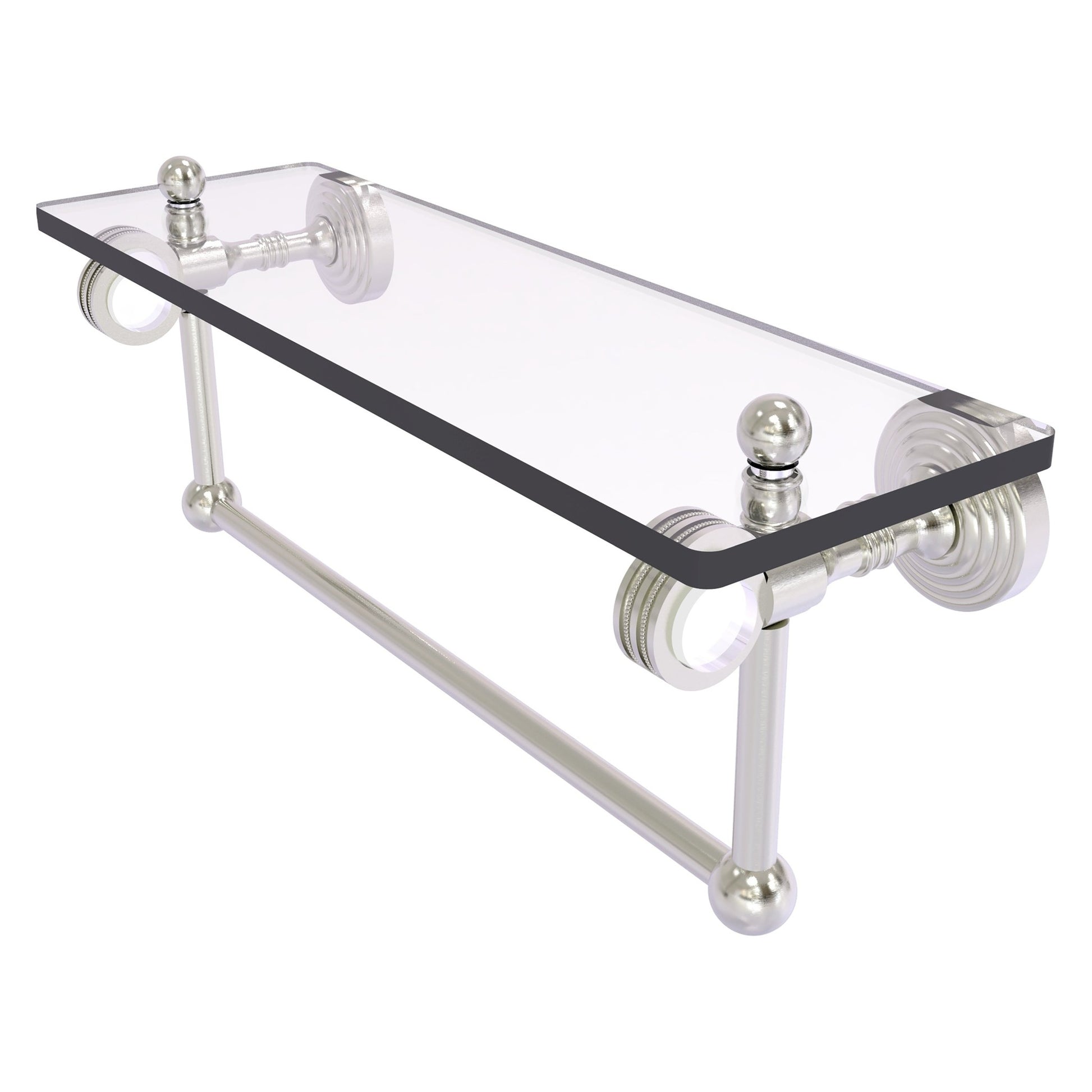 Allied Brass Pacific Grove 16" x 5.125" Satin Nickel Solid Brass Glass Shelf With Towel Bar and Dotted Accents