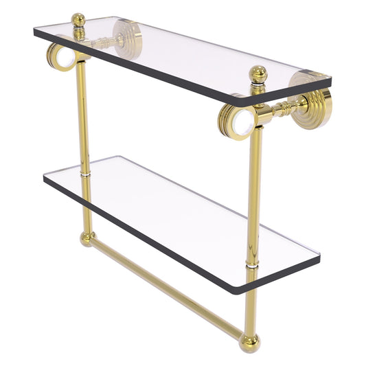 Allied Brass Pacific Grove 16" x 5.125" Unlacquered Brass Solid Brass Double Glass Shelf With Towel Bar and Dotted Accents