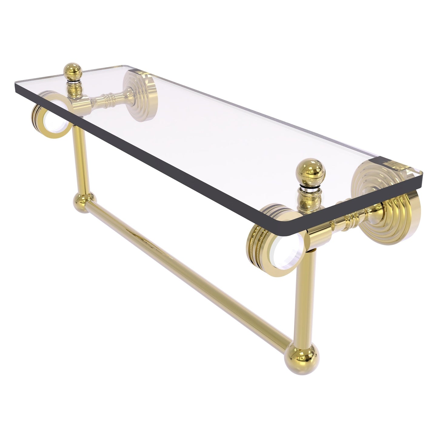 Allied Brass Pacific Grove 16" x 5.125" Unlacquered Brass Solid Brass Glass Shelf With Towel Bar and Dotted Accents