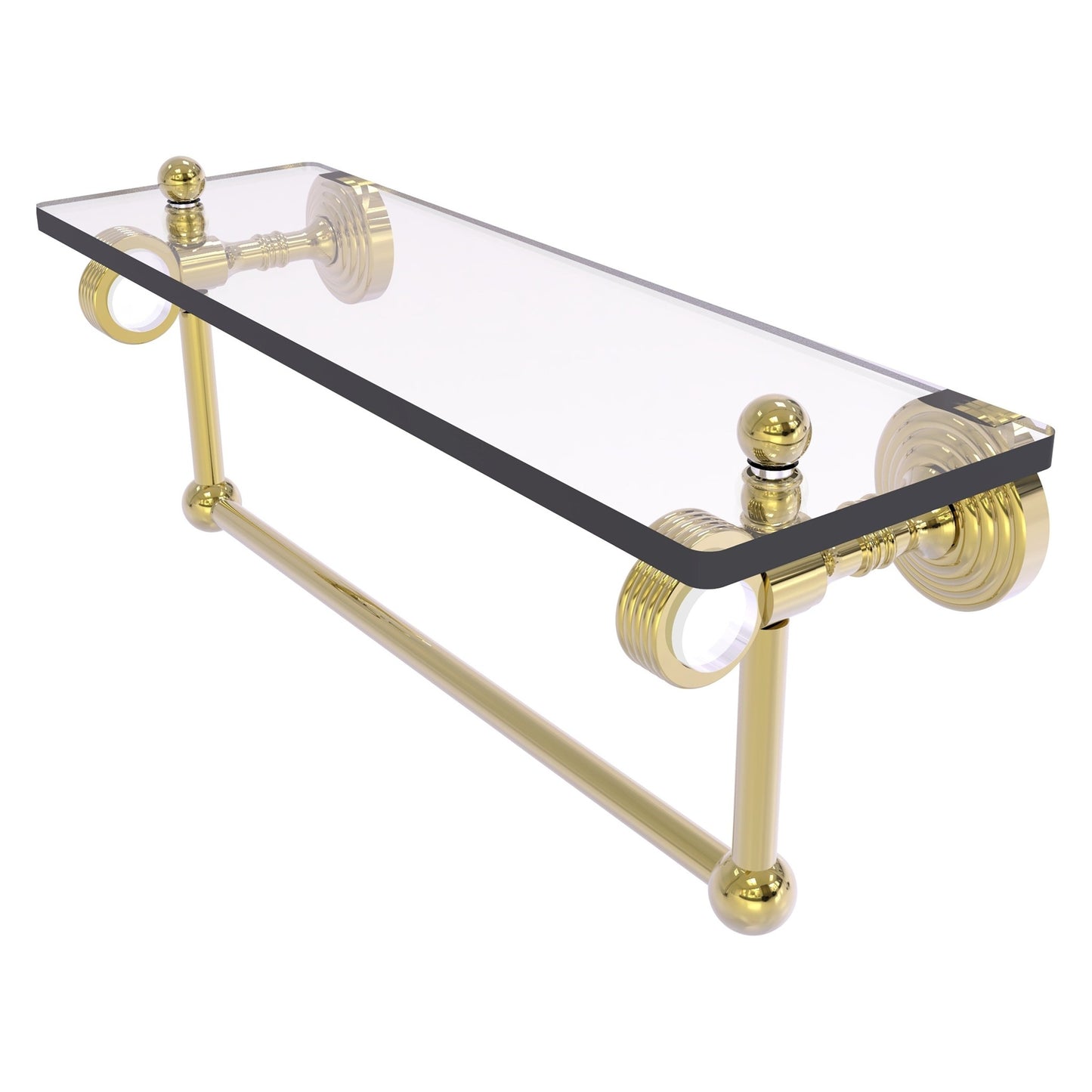 Allied Brass Pacific Grove 16" x 5.125" Unlacquered Brass Solid Brass Glass Shelf With Towel Bar and Grooved Accents