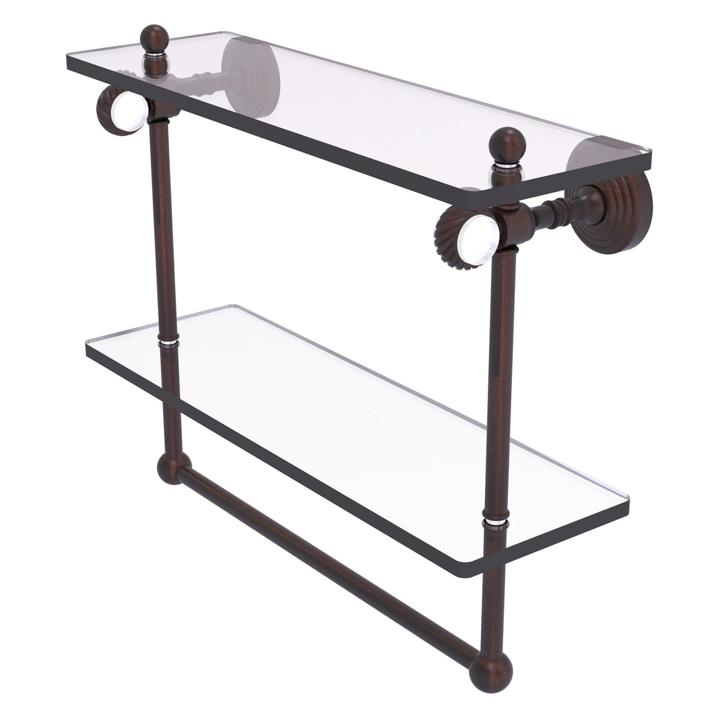Allied Brass Pacific Grove 16" x 5.125" Venetian Bronze Solid Brass Double Glass Shelf With Towel Bar and Twisted Accents