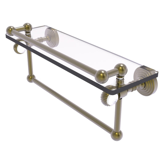Allied Brass Pacific Grove 16" x 5.5" Antique Brass Solid Brass Gallery Glass Shelf With Towel Bar and Twisted Accents