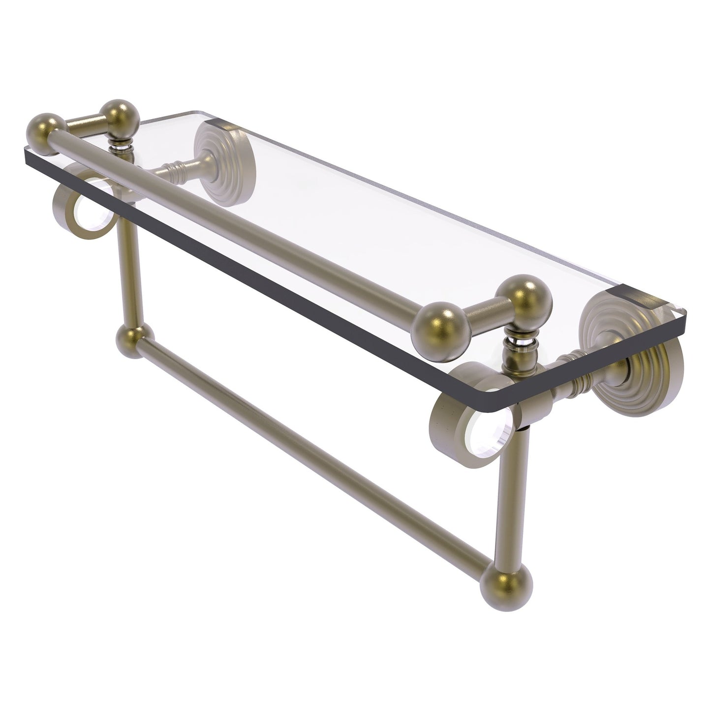 Allied Brass Pacific Grove 16" x 5.5" Antique Brass Solid Brass Glass Shelf With Gallery Rail and Towel Bar