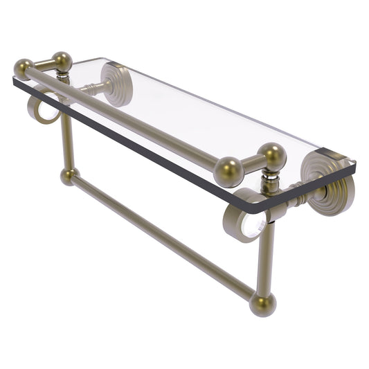 Allied Brass Pacific Grove 16" x 5.5" Antique Brass Solid Brass Glass Shelf With Gallery Rail and Towel Bar