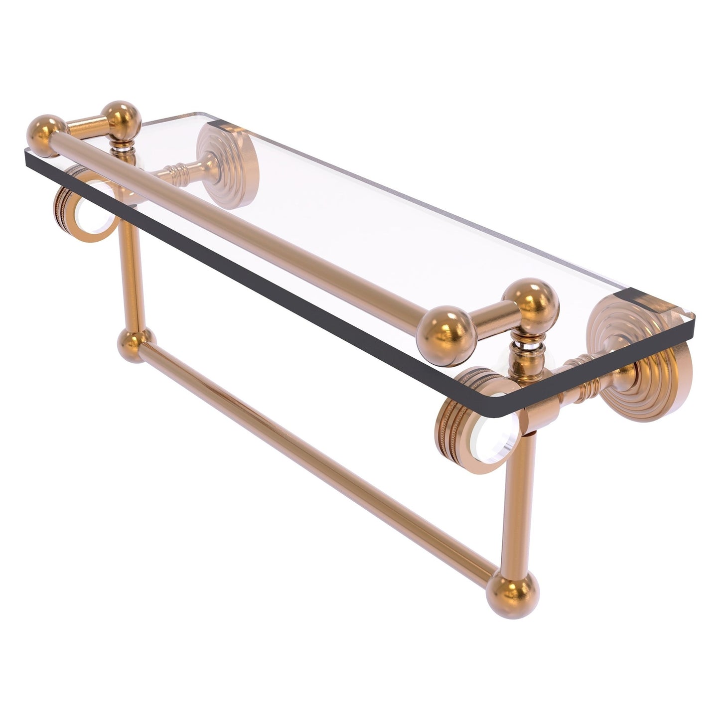 Allied Brass Pacific Grove 16" x 5.5" Brushed Bronze Solid Brass Gallery Glass Shelf With Towel Bar and Dotted Accents