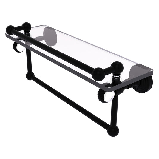 Allied Brass Pacific Grove 16" x 5.5" Matte Black Solid Brass Gallery Glass Shelf With Towel Bar and Twisted Accents