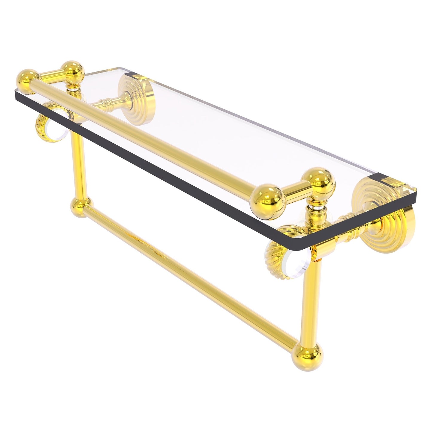 Allied Brass Pacific Grove 16" x 5.5" Polished Brass Solid Brass Gallery Glass Shelf With Towel Bar and Twisted Accents