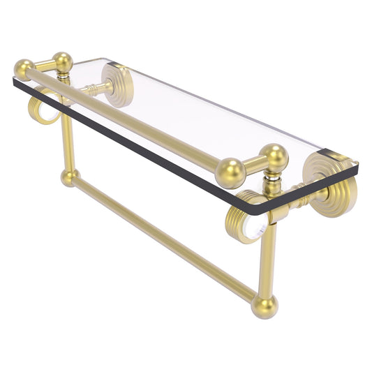 Allied Brass Pacific Grove 16" x 5.5" Satin Brass Solid Brass Gallery Glass Shelf With Towel Bar and Grooved Accents